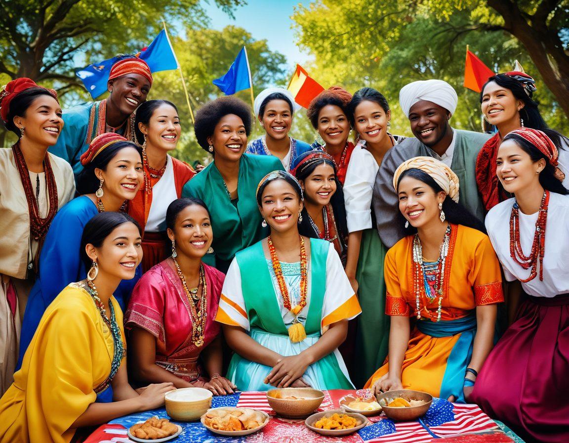 A vibrant collage showcasing a diverse group of people from various cultures, each wearing traditional attire and sharing a moment of joy together in a park. Incorporate elements symbolizing different cultures, like flags, food, and art, blending harmoniously. Capture the essence of unity and inclusivity. super-realistic. vibrant colors. bright background.