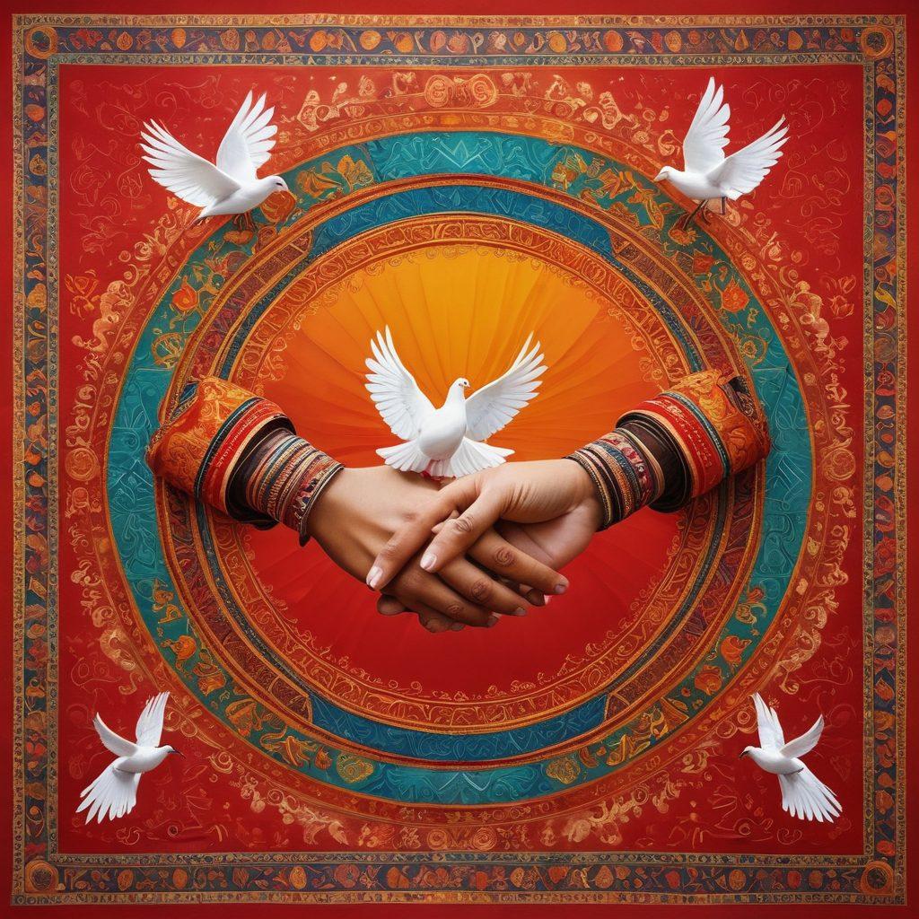 A vibrant collage showcasing diverse cultural elements: a colorful Indian festival, African tribal patterns, Asian architectural marvels, and European traditional costumes, all interwoven into a seamless tapestry. Surround the elements with symbols of unity and peace, like doves or intertwined hands. The background should have a soft gradient, symbolizing harmony. super-realistic. vibrant colors. 3D.
