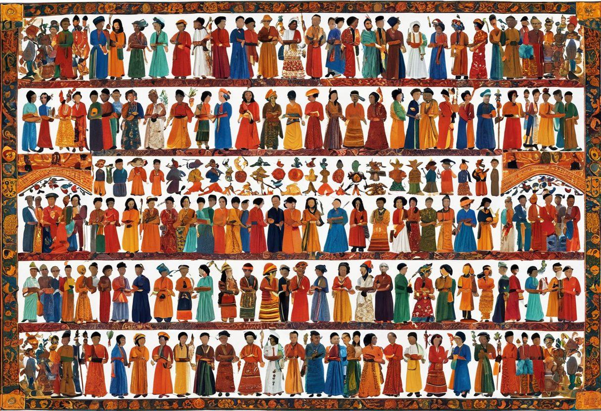 A vibrant collage showcasing diverse cultural symbols such as traditional attire, ancestral artifacts, and festive customs from various communities. In the background, a tapestry unfolds reflecting intricate patterns and colors that symbolize unity in diversity. The foreground features joyous people from different backgrounds celebrating together, capturing the essence of community spirit. super-realistic. vibrant colors. white background.